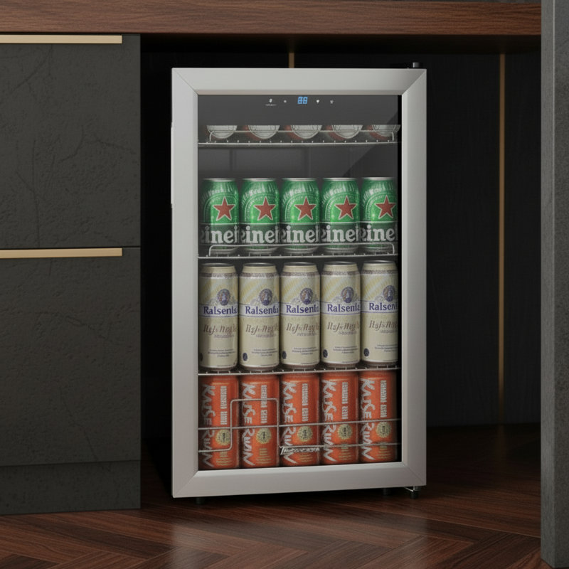 Kalamera Mini Beverage Refrigerator Freestanding - 102 Cans Capacity Beer Cooler For Soda Water Wine - Stainless Steel Glass Door With White Interior Light - For Kitchen Bar