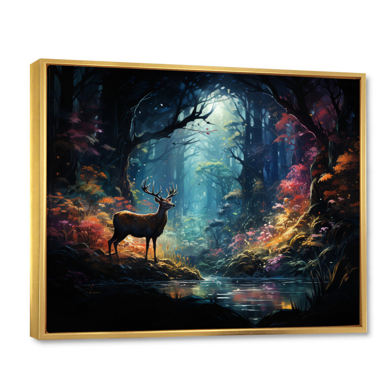 Deer Enchanted Forest III - impression, Cadre flottant doré, H 34 po x l 44 po x P 1,5 po