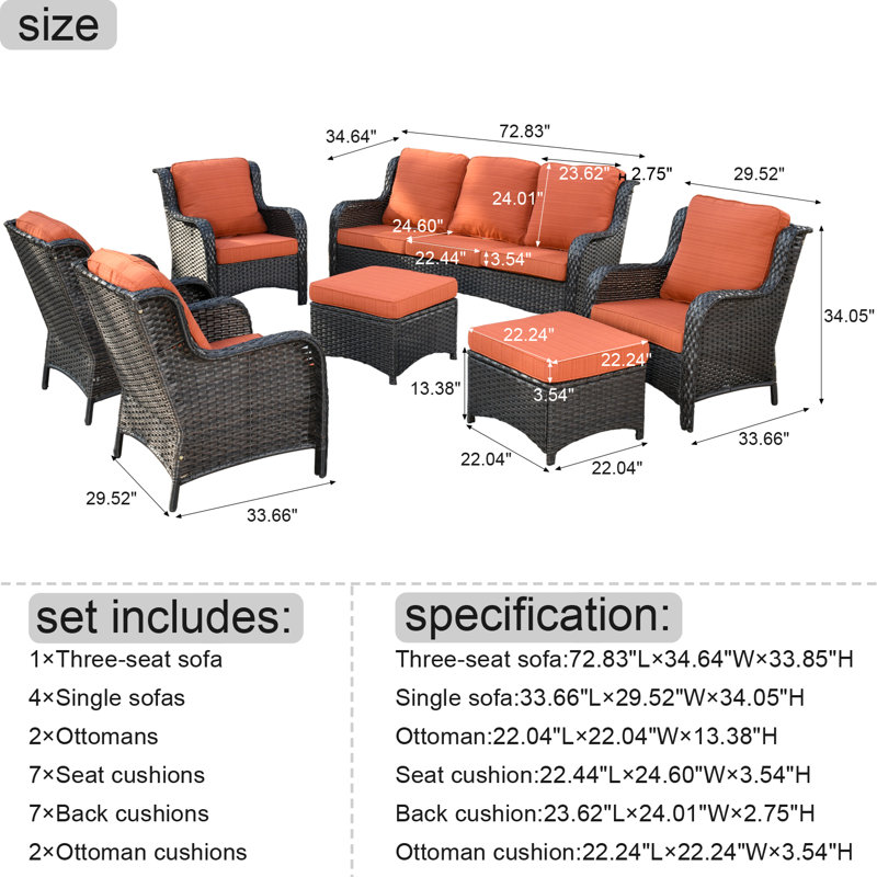 Ensemble de conversation en rotin avec coussins de sept articles, Orange-rouge, Brun