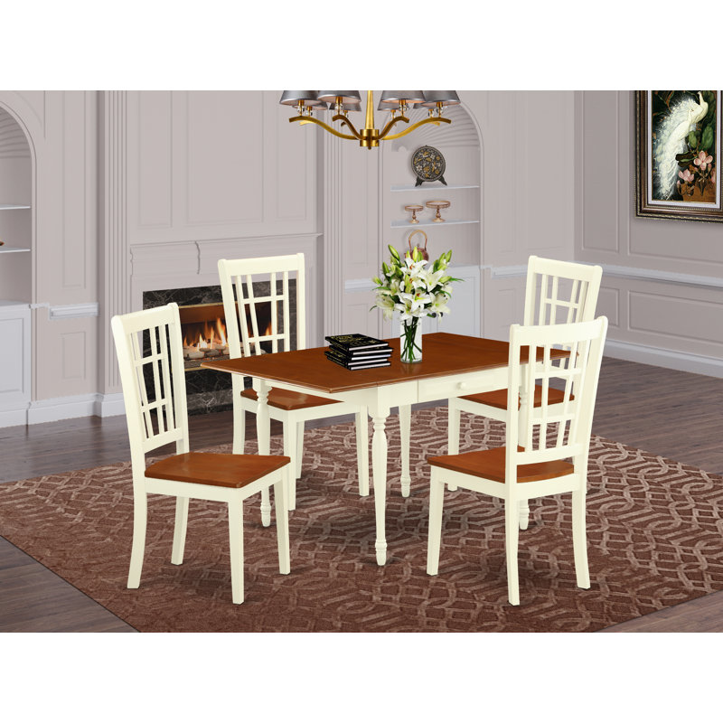 5 Piece Dining Table Set for 4 Includes a Rectangle Kitchen Table with Dropleaf and 4 Dining Room Chairs, Buttermilk & Cherry