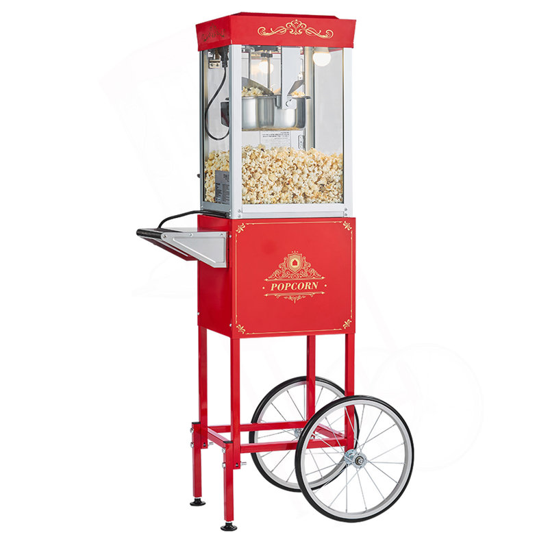 Machine à maïs soufflé avec chariot, bouilloire en acier inoxydable de 8 oz, machine à maïs soufflé commercial de 800 W, popper de 48 tasses par lot de style cinéma, avec porte PC murale en verre à contrôle à 2 boutons 1 cuillère 3 cuillères, rouge