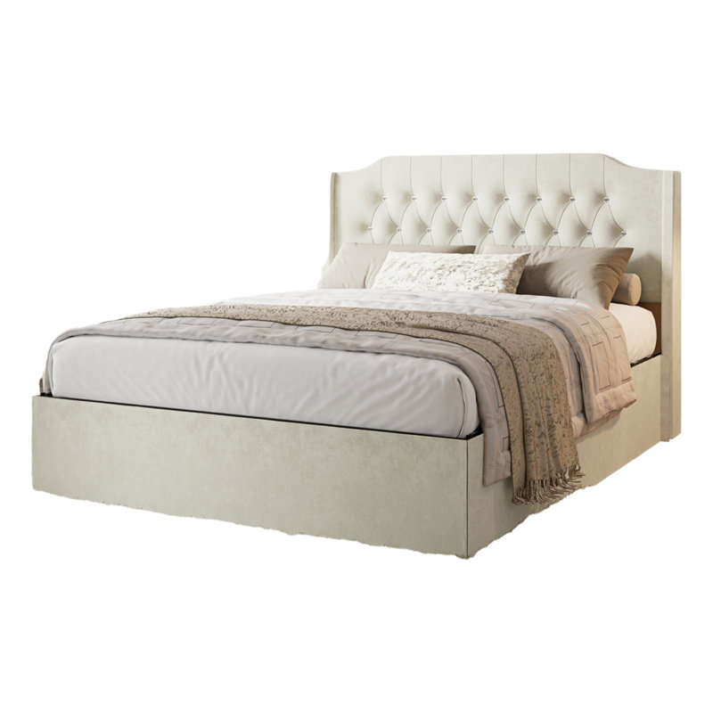 No-spring Queen Tufted Upholstered Bed Frame With Crystal Button Accents, Wingback Headboard And Underbed Storage, White
