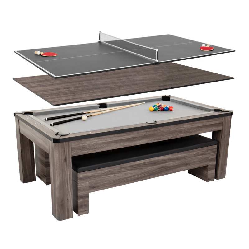 La table combinée 3-en-1 Hampton American de 7 pi comprend une table de billard, une table de ping-pong et une table de salle à manger avec banc de rangement double