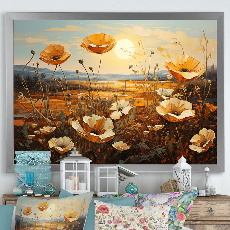 «Beautiful Warm Flowers Field III», reproduction sur toile, Cadre simple argenté, H 24 po x l 32 po x P 0,5 po