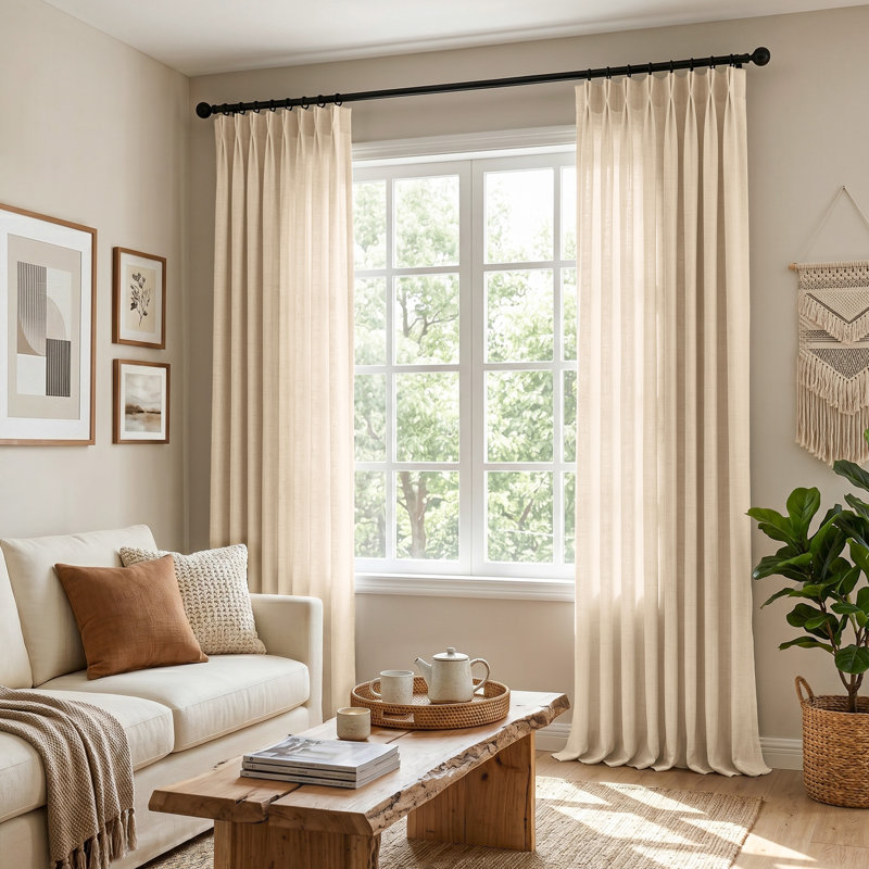 Memory‑Set Linen Textured Light‑Filtering Privacy Curtains for Living Room, Hook Pleat Design(Set of 2), Beige, 40" W x 84" L