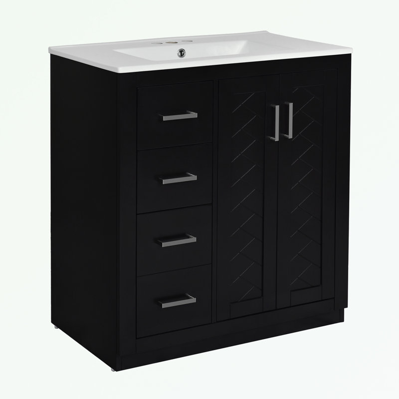 Meuble-lavabo de salle de bain avec lavabo en céramique, 3 tiroirs et portes à fermeture douce, Noir, noir, noir, noir