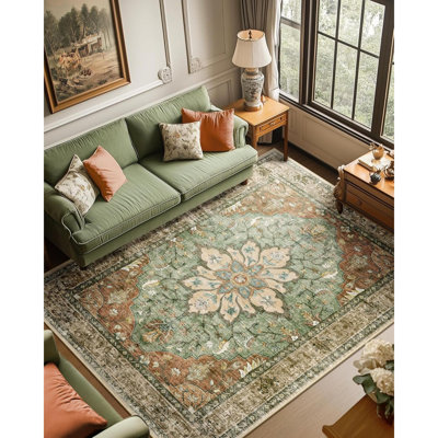 Area Rugs Washable Non Slip Floral Vintage Distress Print Pattern Medallion Carpet For Living Room Bedroom Dining Room Brick Rust Neutral Burnt