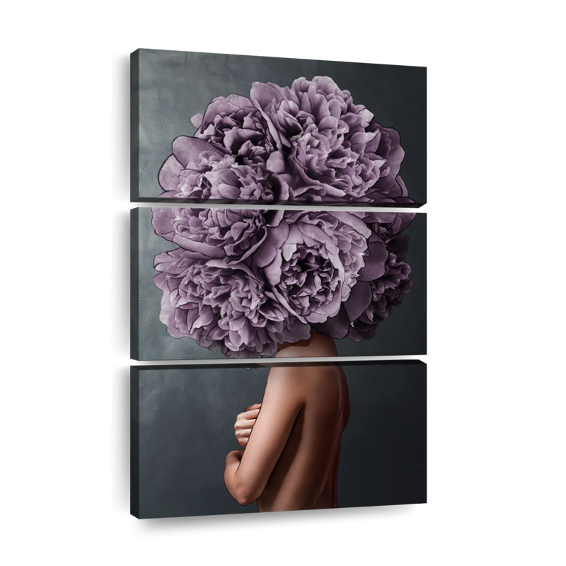 Dame, pivoine mauve sur toile, ensemble de 3 pièces, H 45 po x l 28 po x P 1,25 po