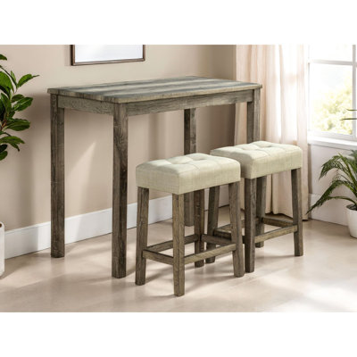 Table de salle à manger rustique de 42 po et 2 tabourets, coussins de siège, design transitionnel brun / beige 3 pièces avec table en bois d'hévéa