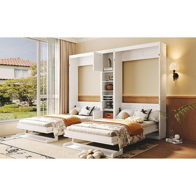 Dual Twin Wall Beds With White Finish And Shelf - Leg Function, Storage Cabinets Open Shelves Legs, Space Saving For Shared Living Spaces