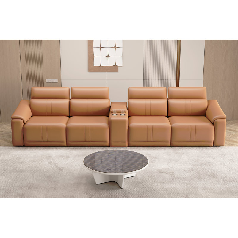 Power Recliner Sofa Set, 4-Seat Reclining Sectional Sofa With Adjustable Headrest & Power Recline, Breathable Leather With Storage Console & USB Ports, Easy Assembly Living Room Furniture Sets