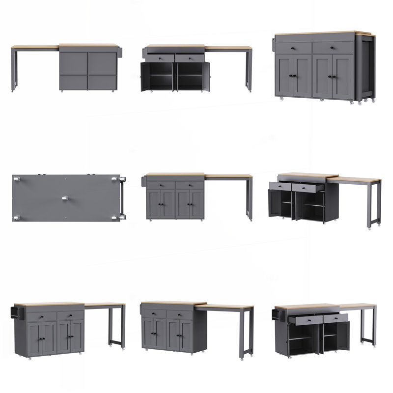 74.5 Inch Rolling Kitchen Island with Extendable Dining Table, Ample Storage, and Lockable Wheels for Flexible Use., Grey