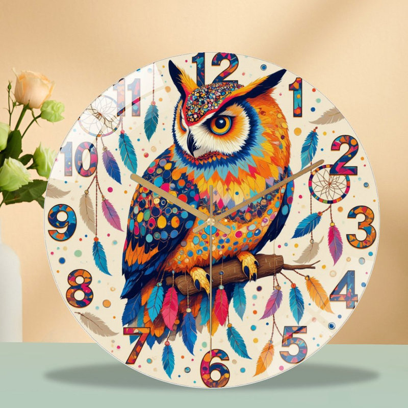 Colourful Owl Wall Clock with Dreamcatcher Design Art - 12'' Modern Glass Wall Clock