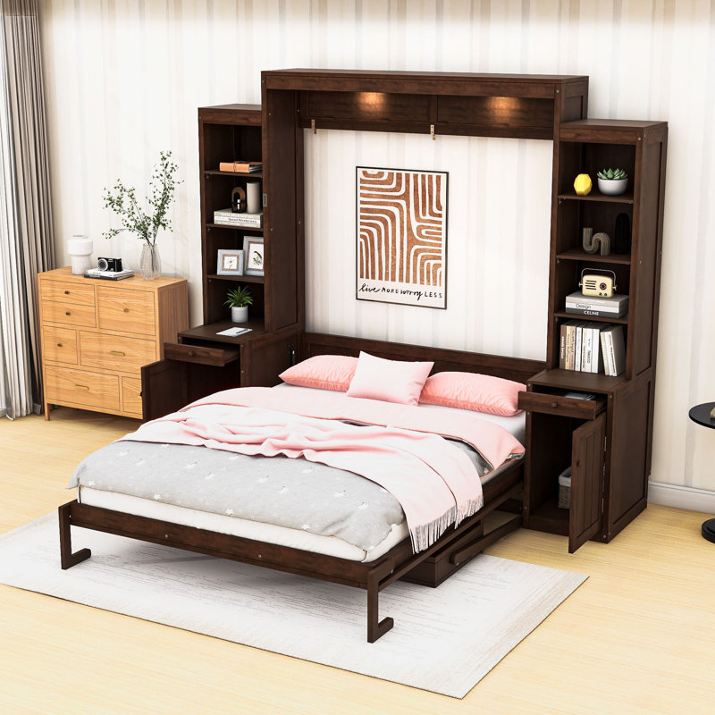 Grand lit escamotable en bois avec tablettes de rangement, Marron foncé