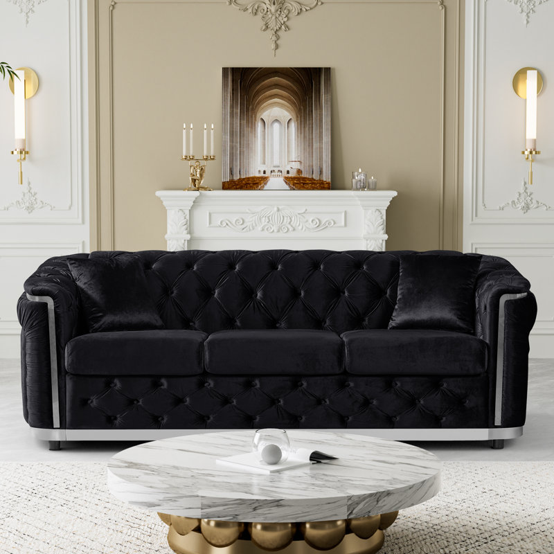  Canapé 85 po en velours Chesterfield, Noir / argenté