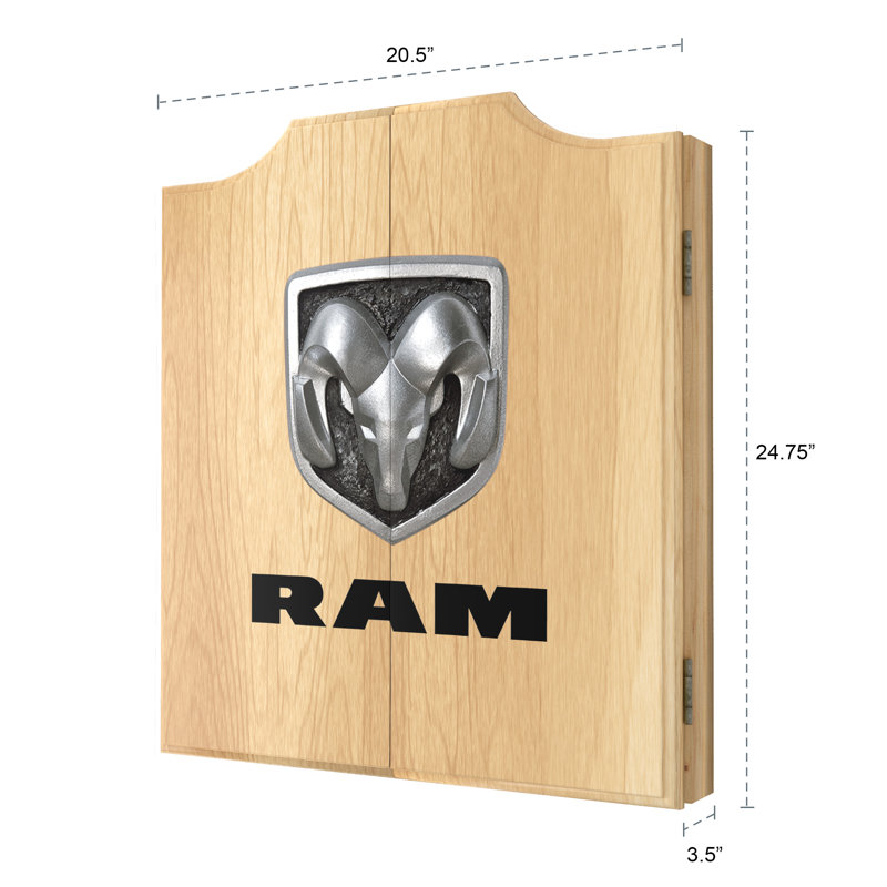 RAM Logo Light Brown Wood Dartboard Cabinet Set with Steel Tip Darts