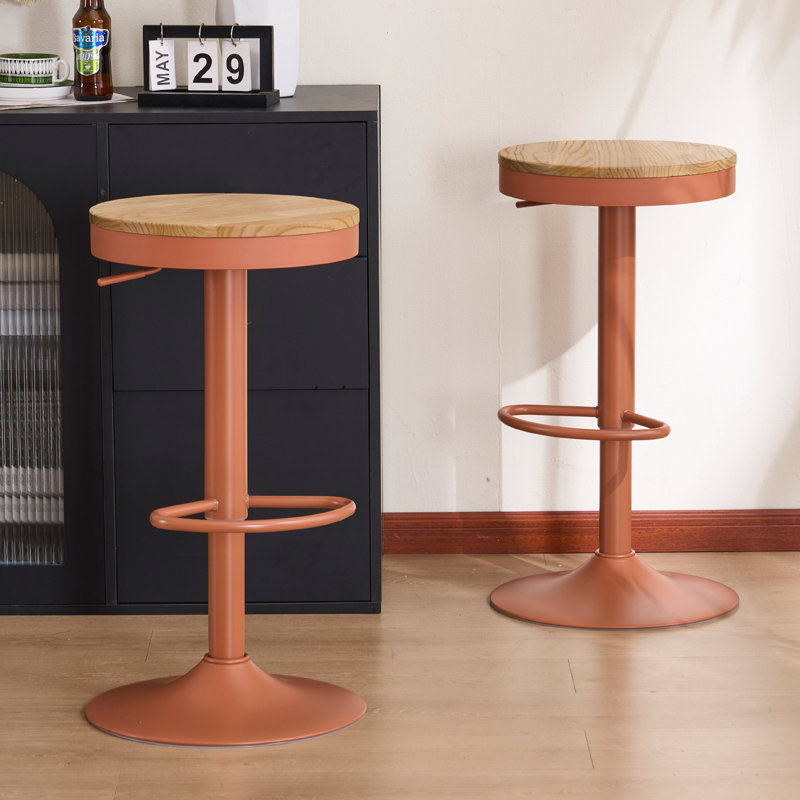 Jaina 15.2" W Solid Wood Swivel Adjustable Height Bar Stool, 2, Brown/Terracotta