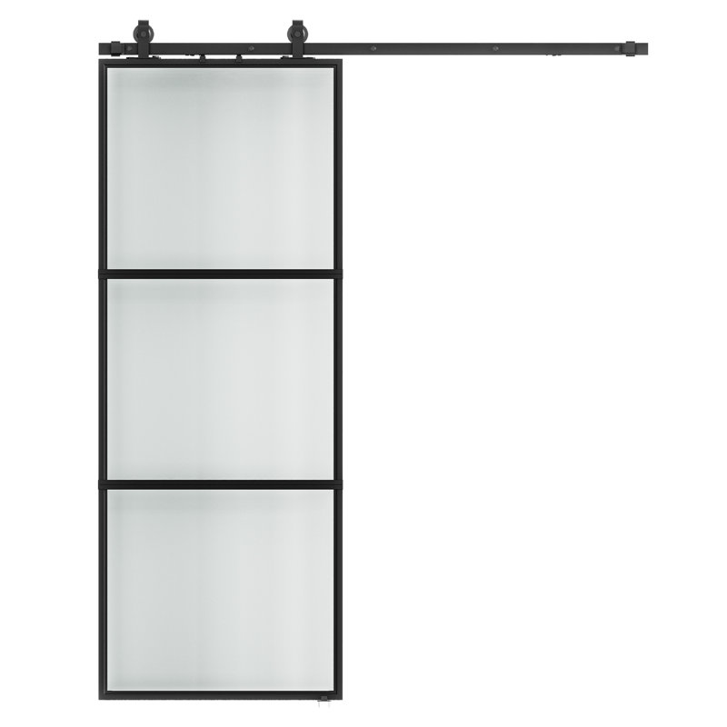 Porte de grange coulissante en métal et en verre givré 30 po x 84 po avec quincaillerie d'installation (fermeture en douceur incluse)