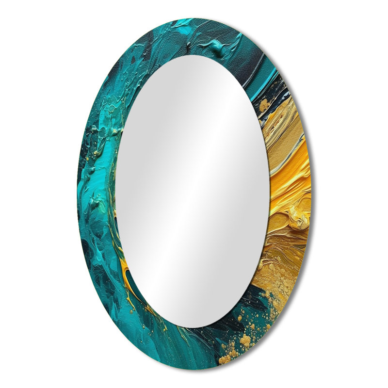 Coucher de soleil doré sur fond bleu sarcelle abstrait I - miroir mural ovale moderne doré, 36 po x 24 po