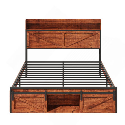 Full Size Bed Frame With Storage Headboard And LED Lights, Upholstered Platform Bed With Footboard Drawers, Sturdy Metal Slats, Noise-Free Mattress Support, No Box Spring Needed, Brown