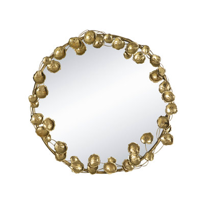35.2X2.8X35.2 Inches Metal Mirror With Golden Leaf Enhancements, Modern Living Room Addition, Iron And Ornamentation,