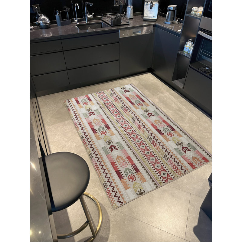 Tapis décoratif moderne à motifs mixtes à rayures verticales rose et beige, Tapis de couloir 3 pi 9,81 po x 9 pi 10,11 po