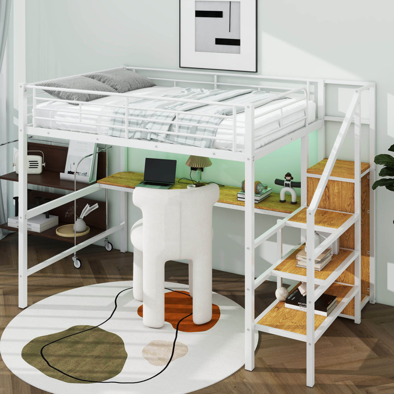 Lit mezzanine double en métal avec bureau en L, port USB, DEL, armoire, Blanc