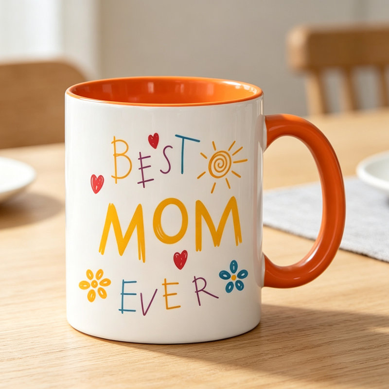 1pc Best Mom Ever Colorful Playful Design with Hearts Flowers & Sun Logo Ceramic Coffee Mug Coffee Cup Tea Mug.