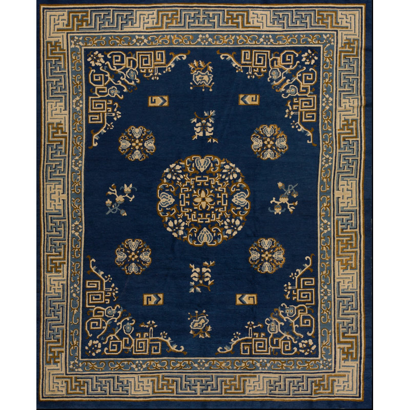 Antique Peking Chinese Floral, Medallion Navy 1880s Rug
