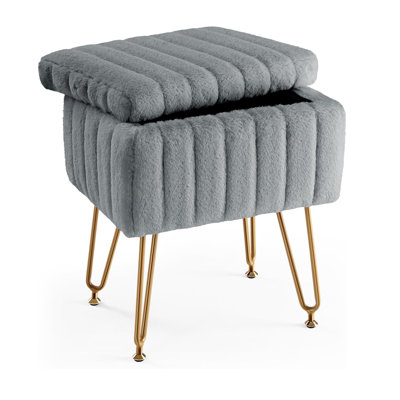 Vanity Stool Chair With Storage, Ottoman Faux Fur Soft Padded Makeup Footstools Seat With 4 Metal Legs Anti-Slip Adjustable Feet Modern Cute Small Foo by Mercer41