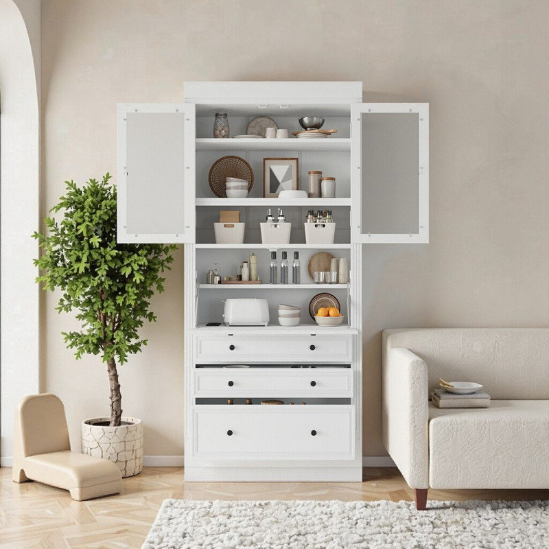 78" Freestanding Kitchen Pantry Cabinet With Power Outlet 3 Drawers & Adjustable Shelves, White