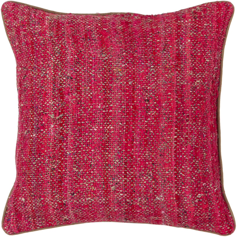 Jute & Wool Blend Removable Cover Pillow Throw Authentic Handmade Square Polyester Fill Pink, Red & Brown Non-Reversible Textured Weave With Khaki Brown Cotton Backing