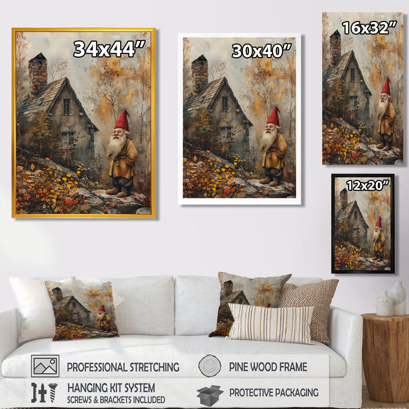 Gris, rouge, automne, jardin, gnome - impression d'art mural gnome, Cadre flottant noir, bois massif, H 34 po x l 44 po