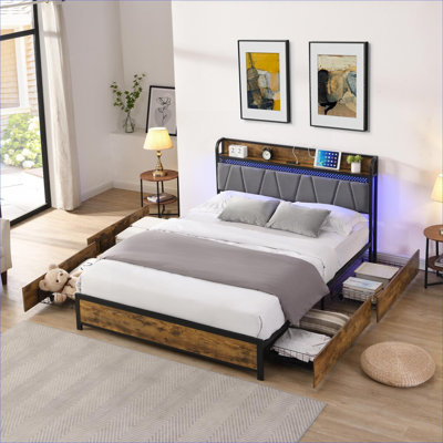 Lit plateforme double avec rangement et rangement, métal et panneau de fibres à densité moyenne gris neutre, avec station de charge intégrée et lumières DEL RVB pour la chambre à coucher