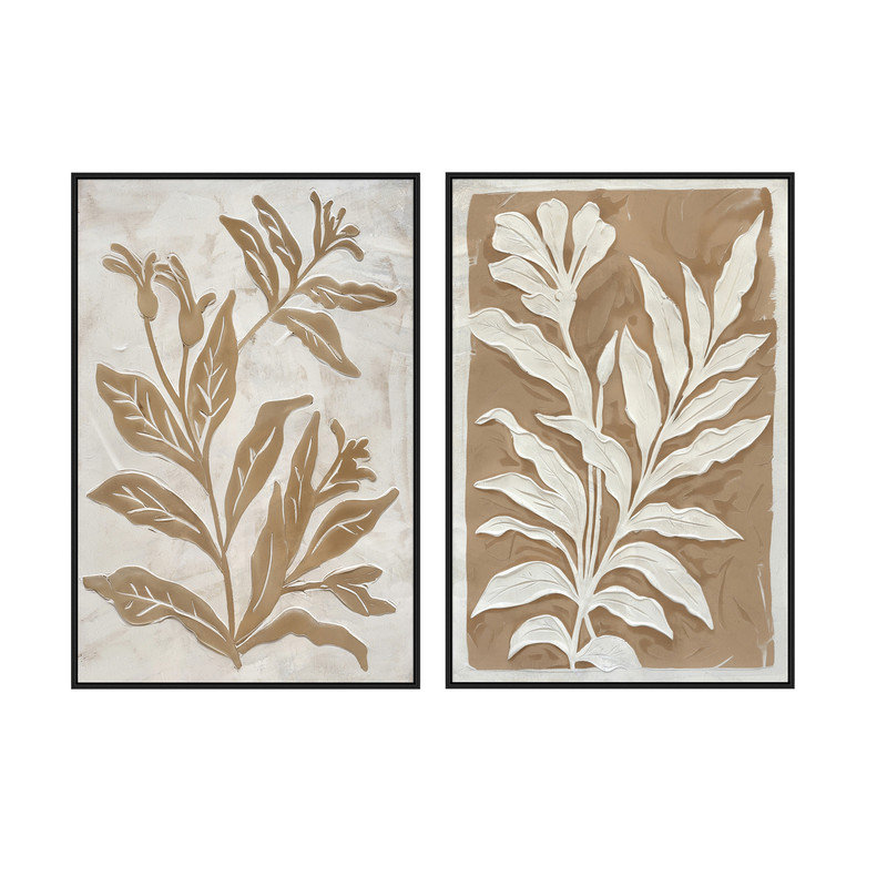 Peintures de feuilles minimalistes avec cadre noir, ensemble de 2 - Art botanique peint à la main avec cadre en bois de pin pour la décoration intérieure