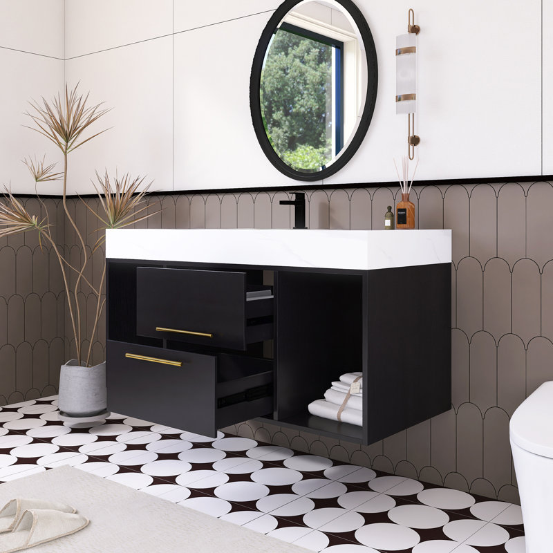 39.4'' Wall Mounted Single Sink Bathroom Vanity With Faux Marble Top, Black