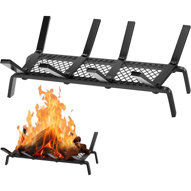 Grille de foyer avec support de braise, porte-bûches de 17 po, support à bûches en fonte, barre à feu de bois de 1/2 po pour foyer d'extérieur, foyer extérieur, accessoires de camping