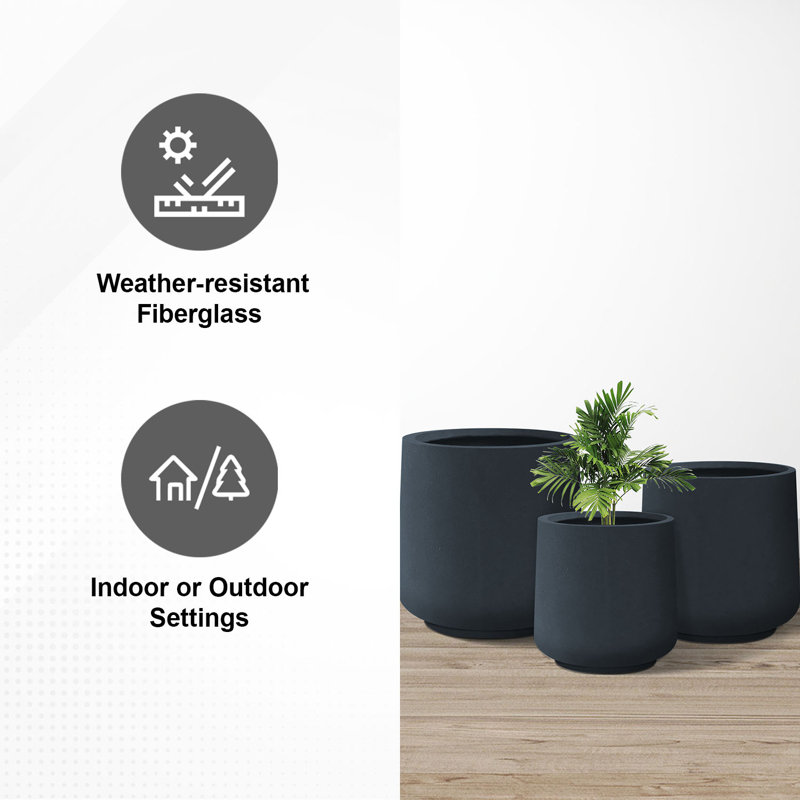 Kante Charcoal Concrete Round Planters with Drainage Holes Set
