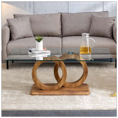 Table basse rectangulaire en verre trempé avec pieds en grain de bois - 47,2 po x 25,4 po