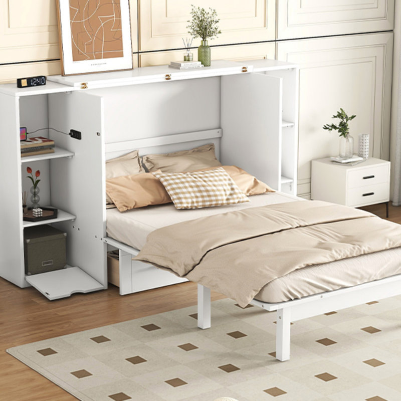 Lit escamotable avec tablettes et tiroirs Murphy, Blanc, Grand lit