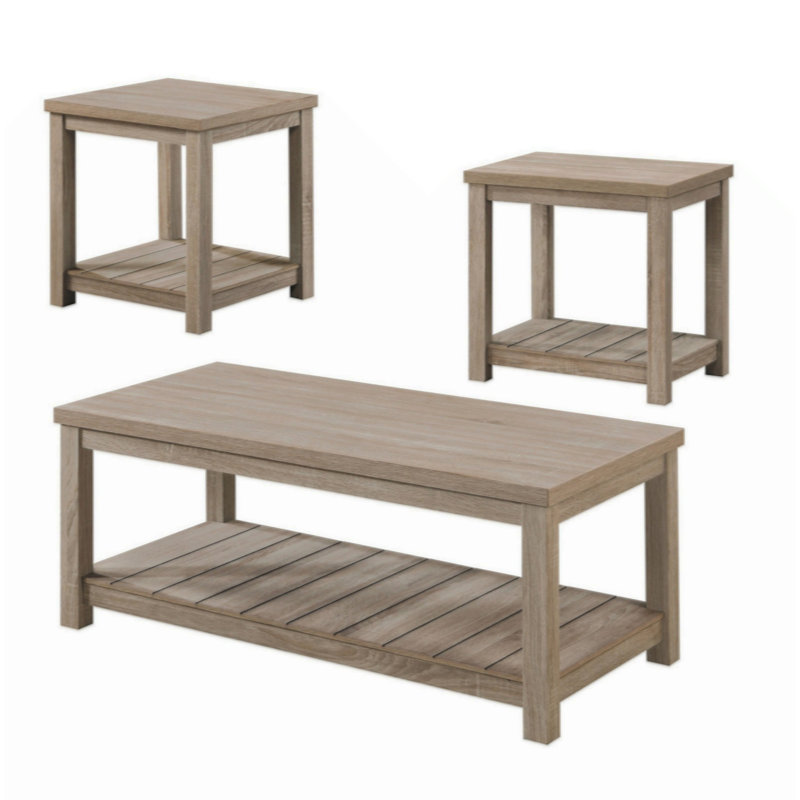 3 Piece Rectangular Coffee Square End Table Set, Slatted