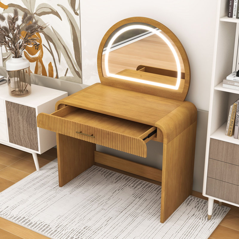 Modern Makeup Vanity Table with LED Touch Mirror, Curved Edges and Wavy Drawer, Natural