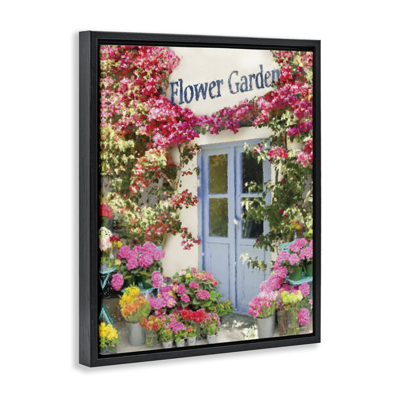 «Flower Garden Doorway», art mural encadré flottant par Sara Baker, H 21 po x l 17 po, Cadre flottant noir de jais