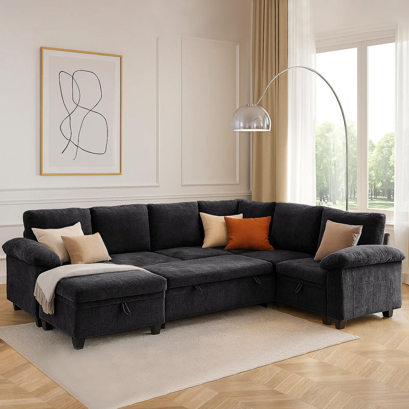 Upholstered Sofa With Ottoman, Black Chenille