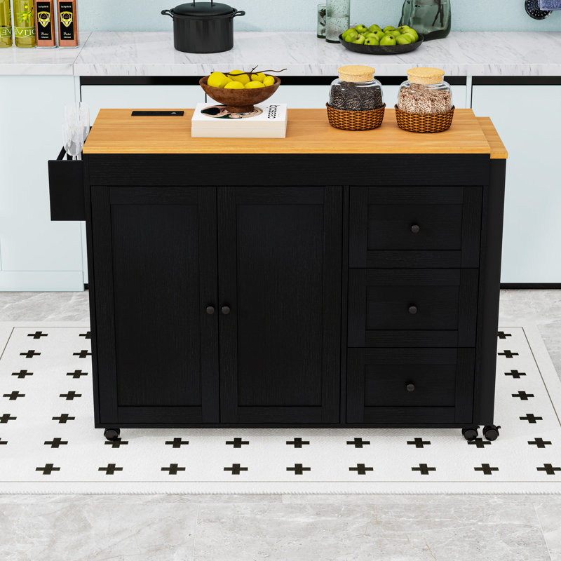 Rolling Kitchen Island with 3 Drawers, Extendable Table, Power Outlet and Storage Cabinet, Black
