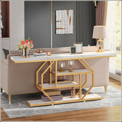 Extra Long Console Table, Modern Gold Sofa Table Behind Couch With 4-Tier Storage, Faux Marble White Entryway Accent Table For Living Room, Hallway, E by Latitude Run