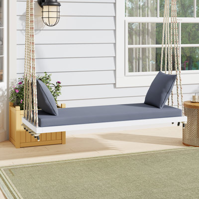 Bois, banc de balancelle suspendu, siège de 63 po x 23,6 po, coussin moelleux, deux coussins, balançoire en corde de chanvre de 10,8 pi, jardin, extérieur, capacité de 400 lb, installation en 30 minutes, blanc, 5 couleurs