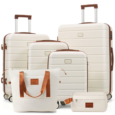 Travelpro Max 6-Piece Hardside Luggage Set with TSA Lock, 16/20/24/28 Inch Spinner Suitcase Set with Expandable Travel Duffel Bag & Waterproof Toiletry Kit, Adjustable Handle (ivory and brown)