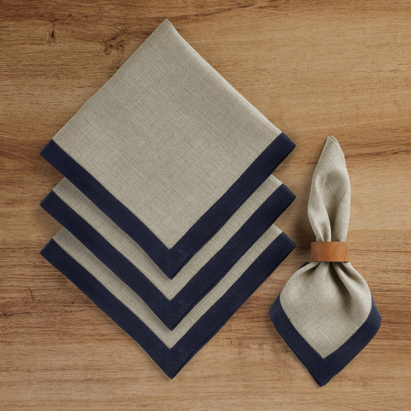 Classic - 100% Pure Linen Dinner Napkins, Navy/Natural