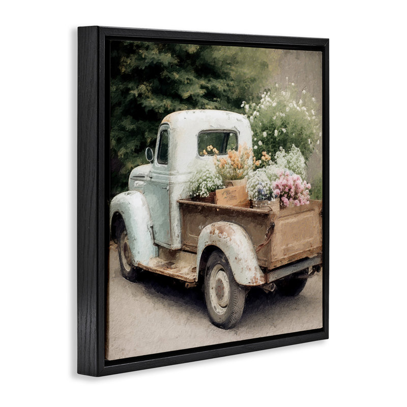 Fleurs de campagne en camion, H 18 po x l 18 po, Cadre flottant noir de jais
